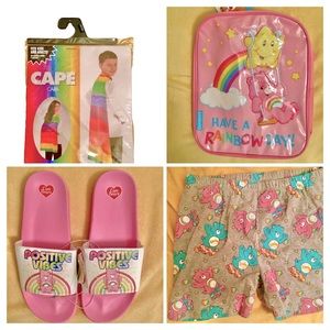 NWT Care Bears Lot-Backpack, Shoes Size 8, Shorts Size Medium, & Rainbow Cape